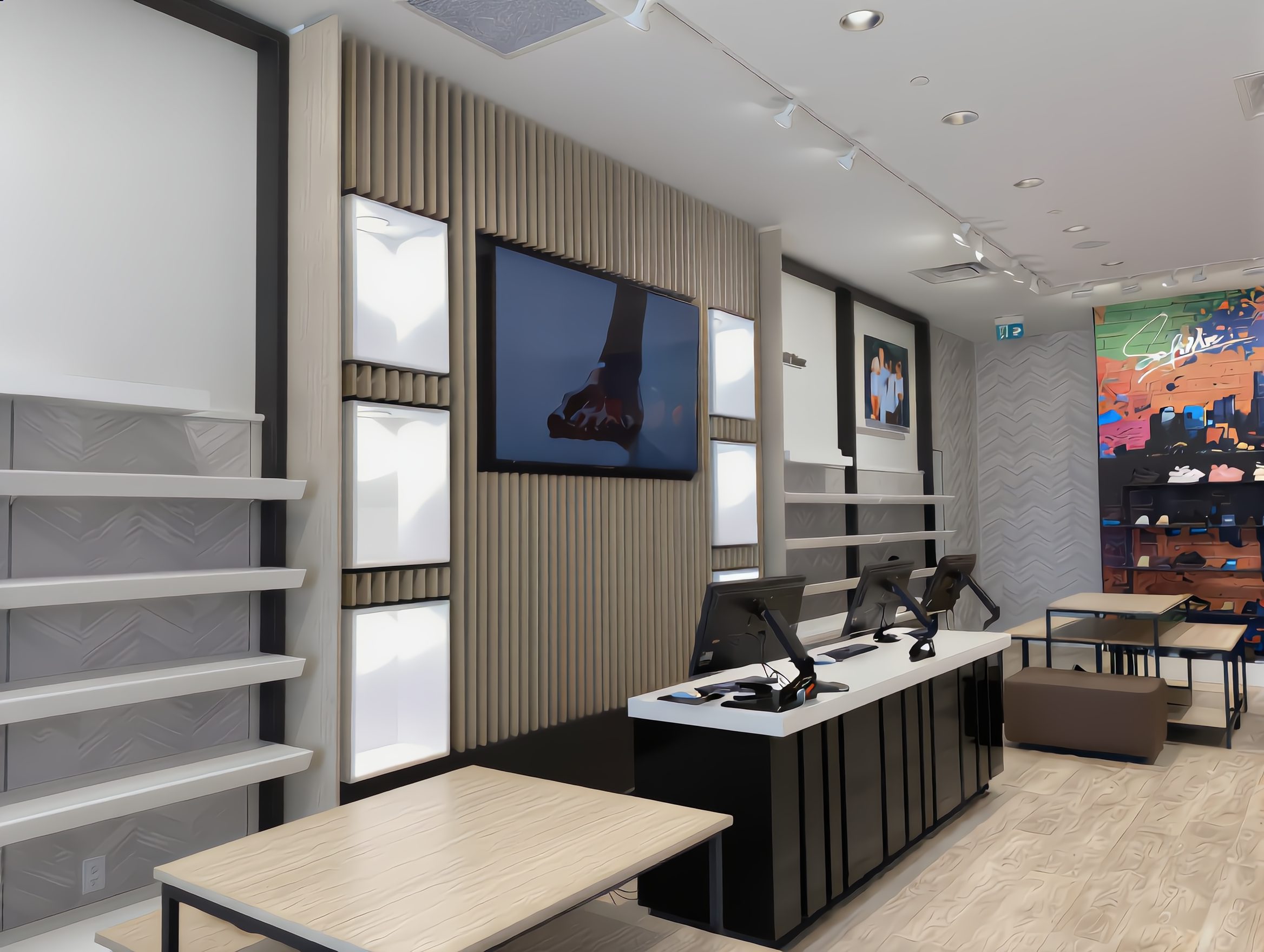 SoftMoc store with a white-topped black cash desk in front of a slatted feature wall with lit display cubbies