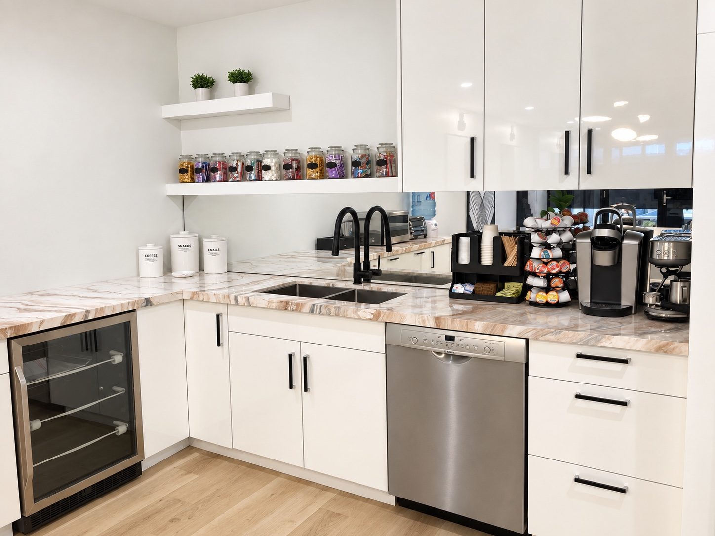 Office staff kitchen with white gloss cabinetry built by Leewood Finishing