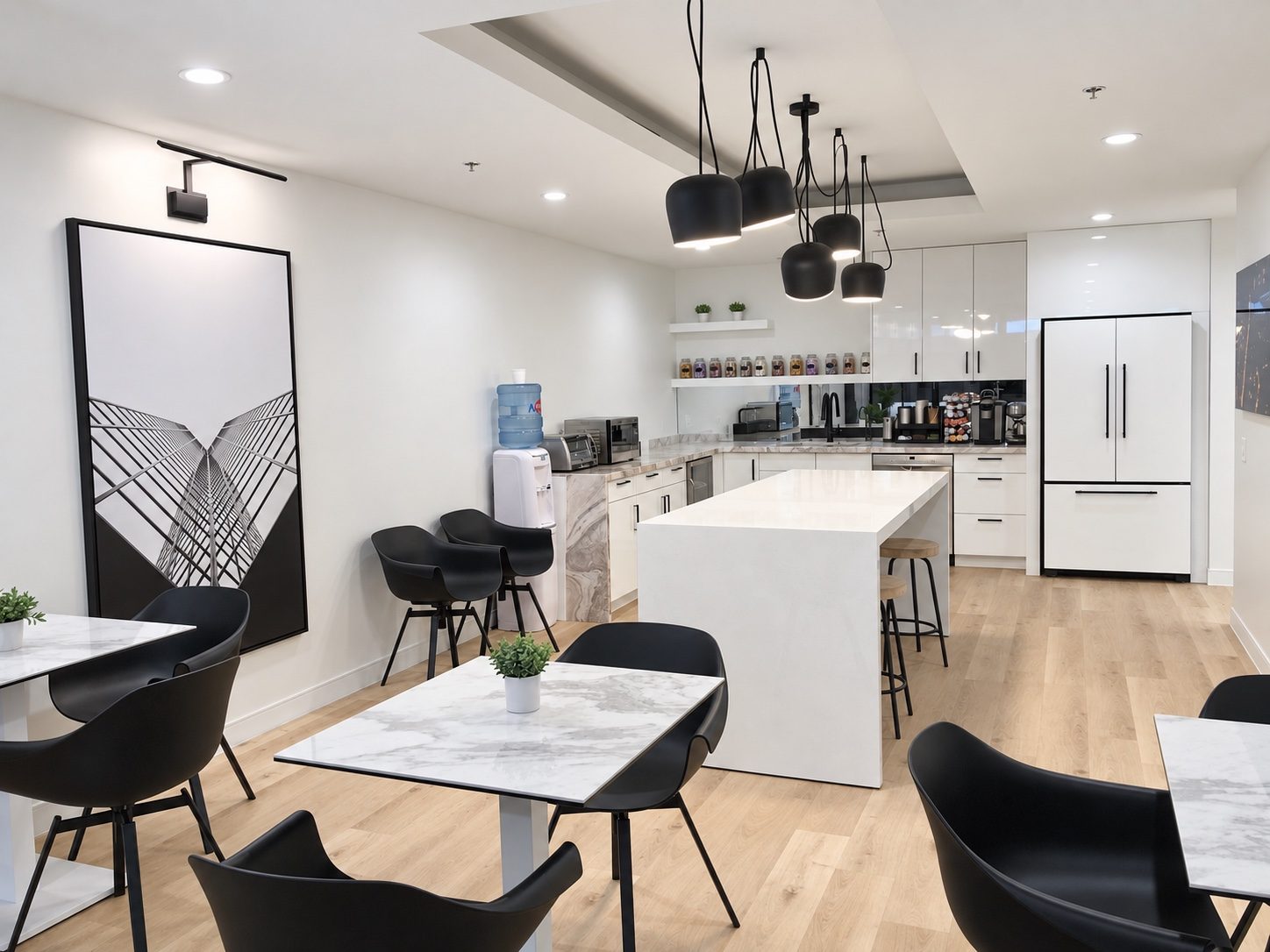 Office staff kitchen and dining area with cabinetry and an island built by Leewood Finishing