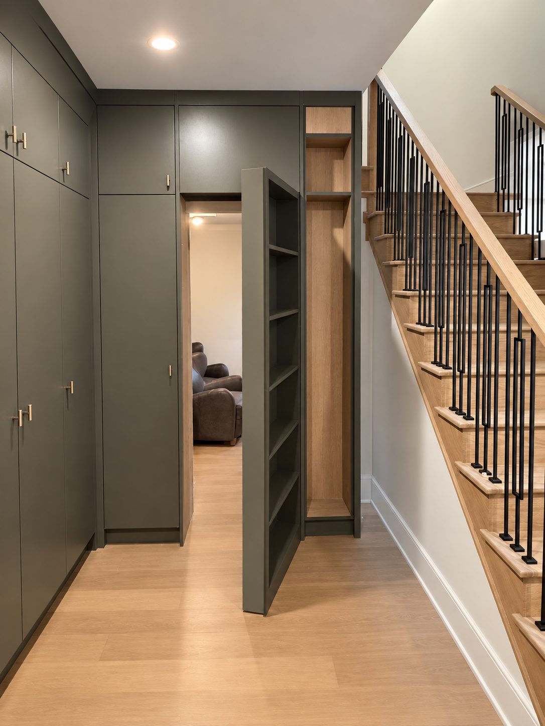 A concealed bookcase door swung open on its pivot, revealing the room behind it, with the oak staircase alongside