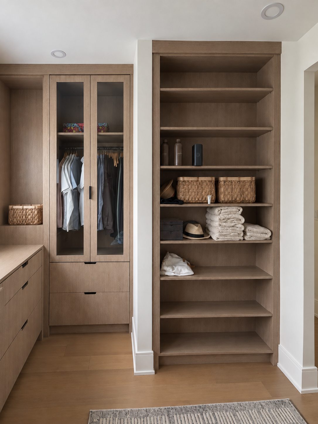 White oak dressing room with a glass-front wardrobe beside a full-height run of open linen shelving