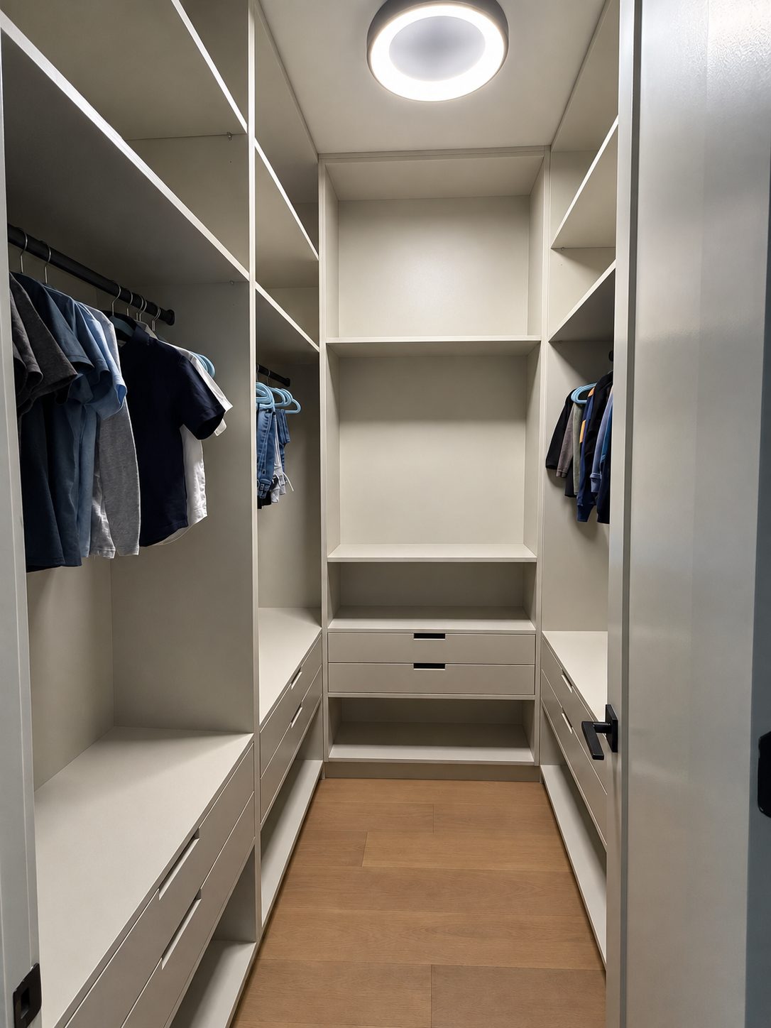 Fitted walk-in closet in soft grey with two levels of hanging, open shelving, and a run of shallow drawers along the base