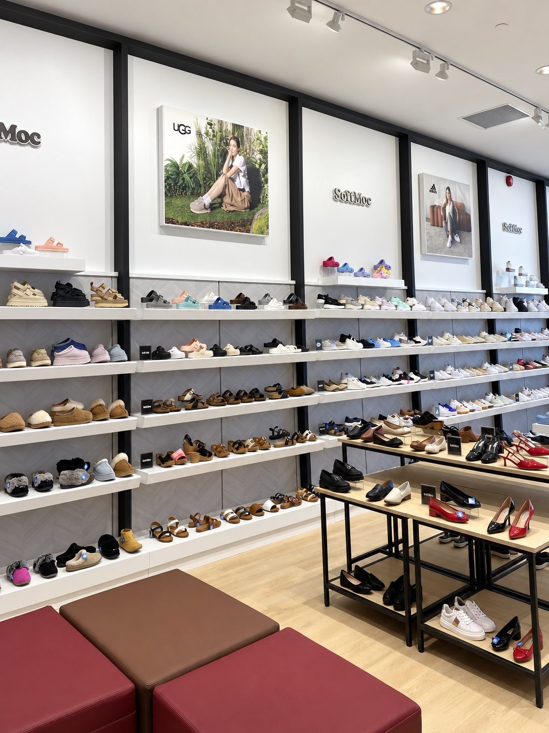 Footwear store interior with display fixtures built by Leewood Finishing